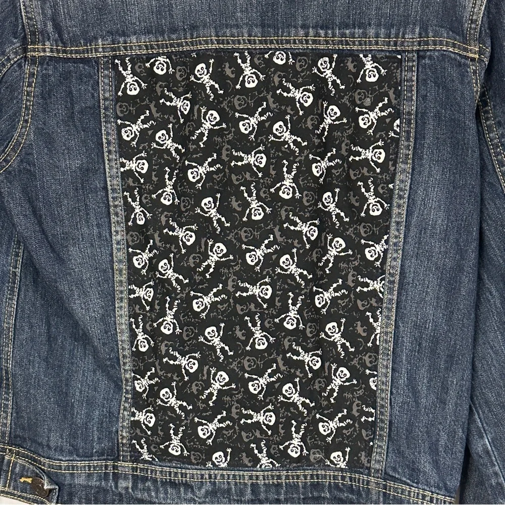 Black & White Skeleton fabric on an Upcycled Cherokee Denim Jacket., XL 14 / 16